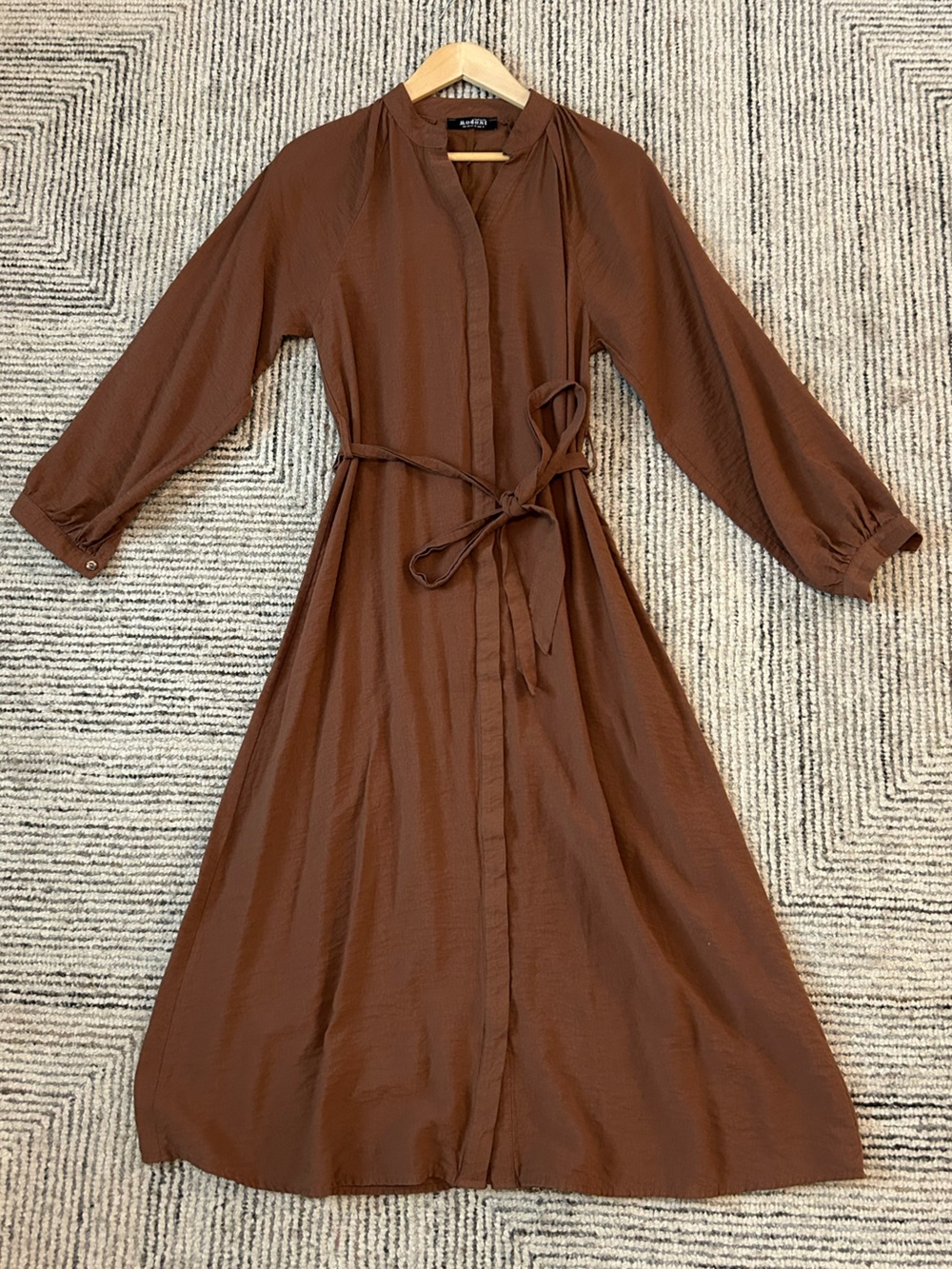Defacto Modest Artisanal Touch Brown Long Sleeve Tie-Waist Maxi Dress Size 4